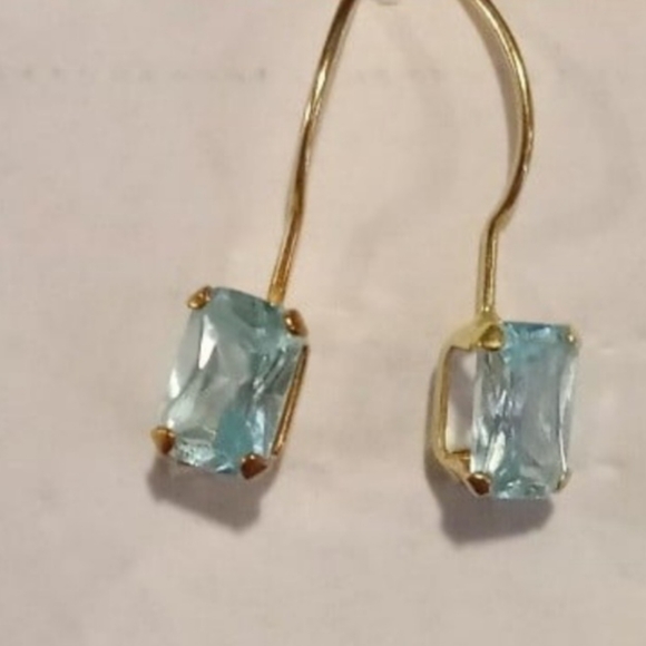 14k Solid Gold Emerald Cut Swiss Blue Topaz Threader Locking Designer Earrings - Picture 7 of 7